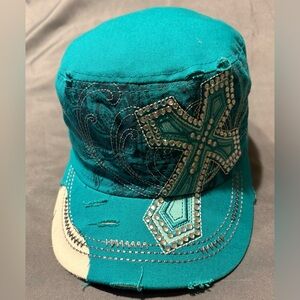 KB Ethos Teal Distressed Cap with Rhinestone Cross Design